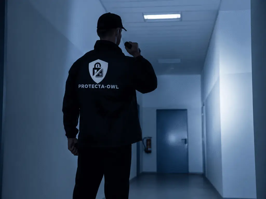 Sicherheitskraft mit Protecta-OWL-Jacke bei einer Kontrolle im Gebäudeflur